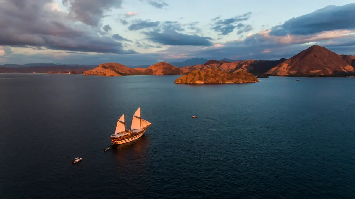 Phinisi at anchor among the islands of Komodo, seen from above