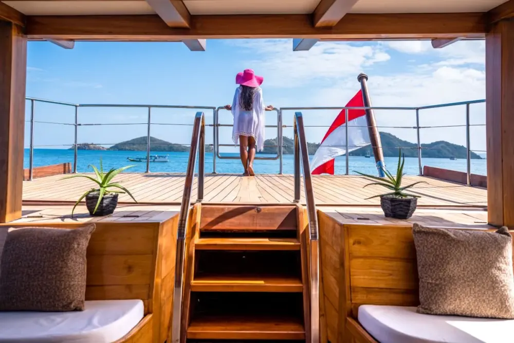 Teak foredeck of a phinisi looking out to sea